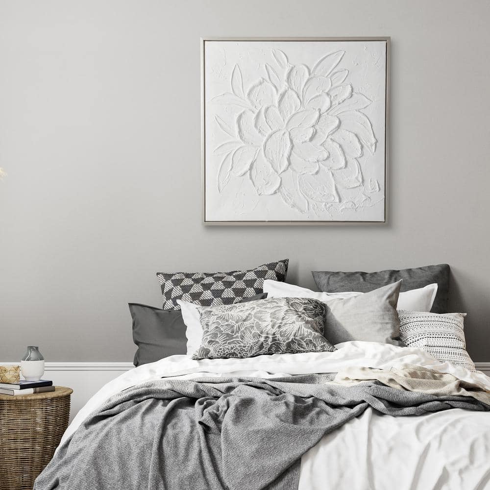 Embossed White Flower Canvas Wall Art with Silver Frame, 27.5"