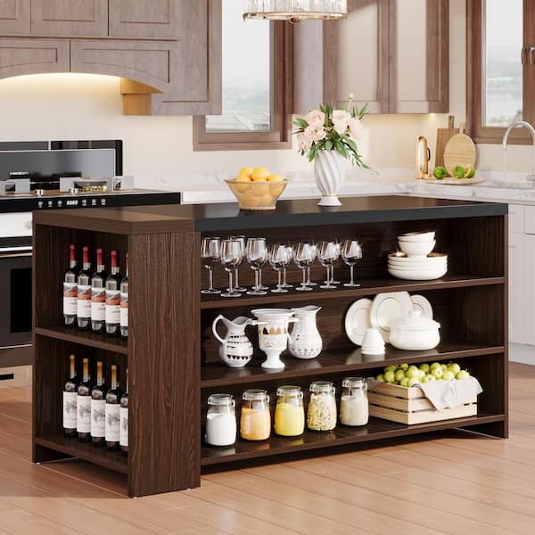 Isle Dark Brown Wood 55.1 in. Kitchen Island with 5 Shelves, 5-Tier Stationary Island Table for Kitchen
