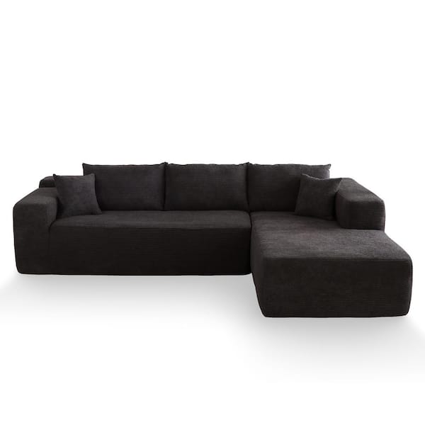 Verve 106 in. Wide Square Arm 2-Piece Modern Corduroy Fabric L-Shape Modular Sectional Sofa in Black with Chaise