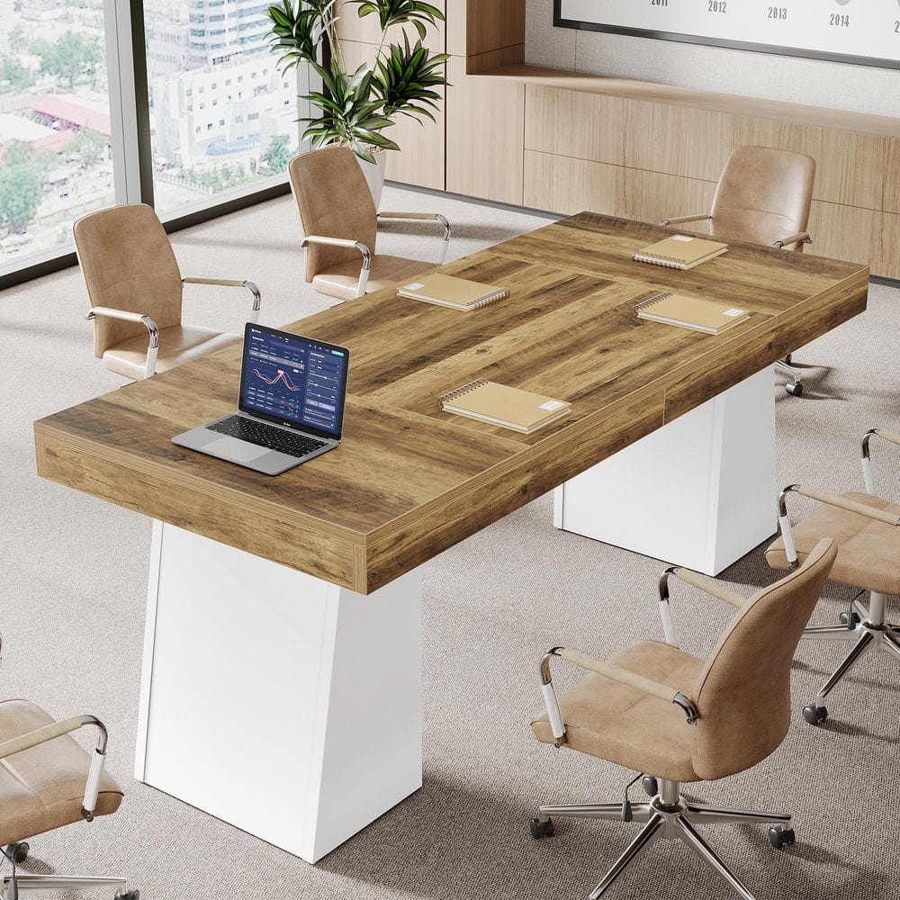 Moronia 55.1 in. Rectangle Vintage Brown and White Wood Desk w/ Thick Tabletop and Double Trapezoidal Legs, Wood Seminar