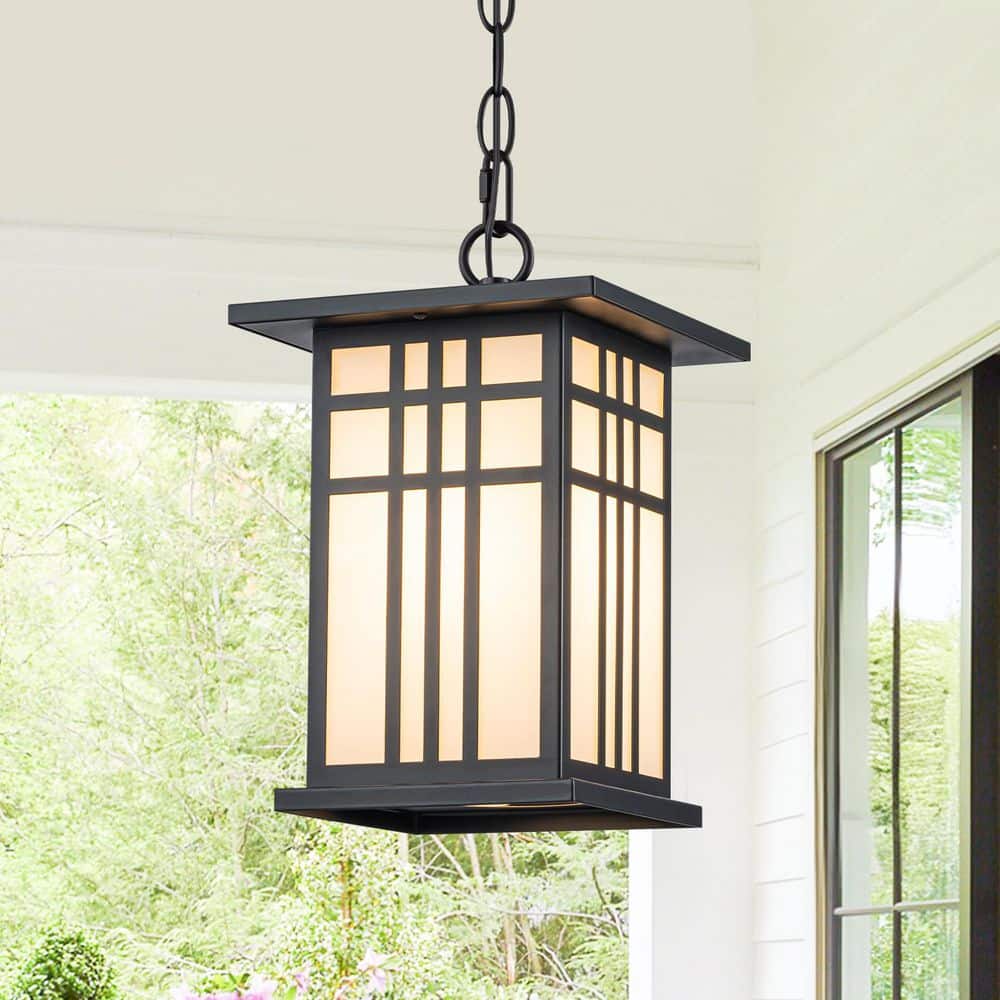 12 in. H 1-Light Black Square Outdoor Pendant Light with White Glass Shade price history on PriceWatchPro
