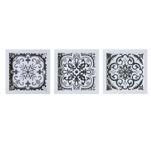 Miscool Anky 3-Piece Framed Art Print 13.75 in. x 13.75 in. Distressed Black and White Medallion Tile Wall Decor Set