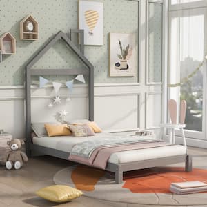 Gray Twin Size Wood Frame House Platform Bed with Chimney Design