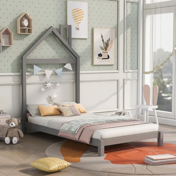 Harper & Bright Designs Gray Twin Size Wood Frame House Platform Bed with Chimney Design