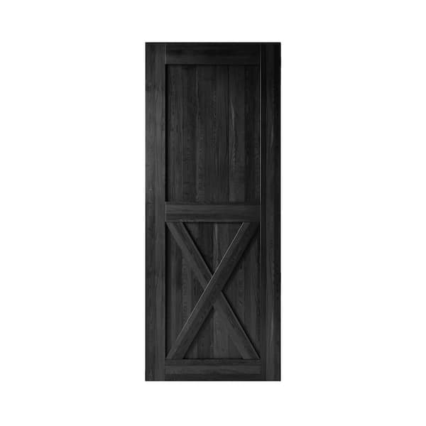 HOMACER 40 in. x 84 in. X-Frame Black Solid Natural Pine Wood Panel Interior Sliding Barn Door Slab with Frame