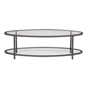 Camber 48 in. Gray Modern 2-Tier Oval Coffee Table with Metal Frame and Tempered Glass