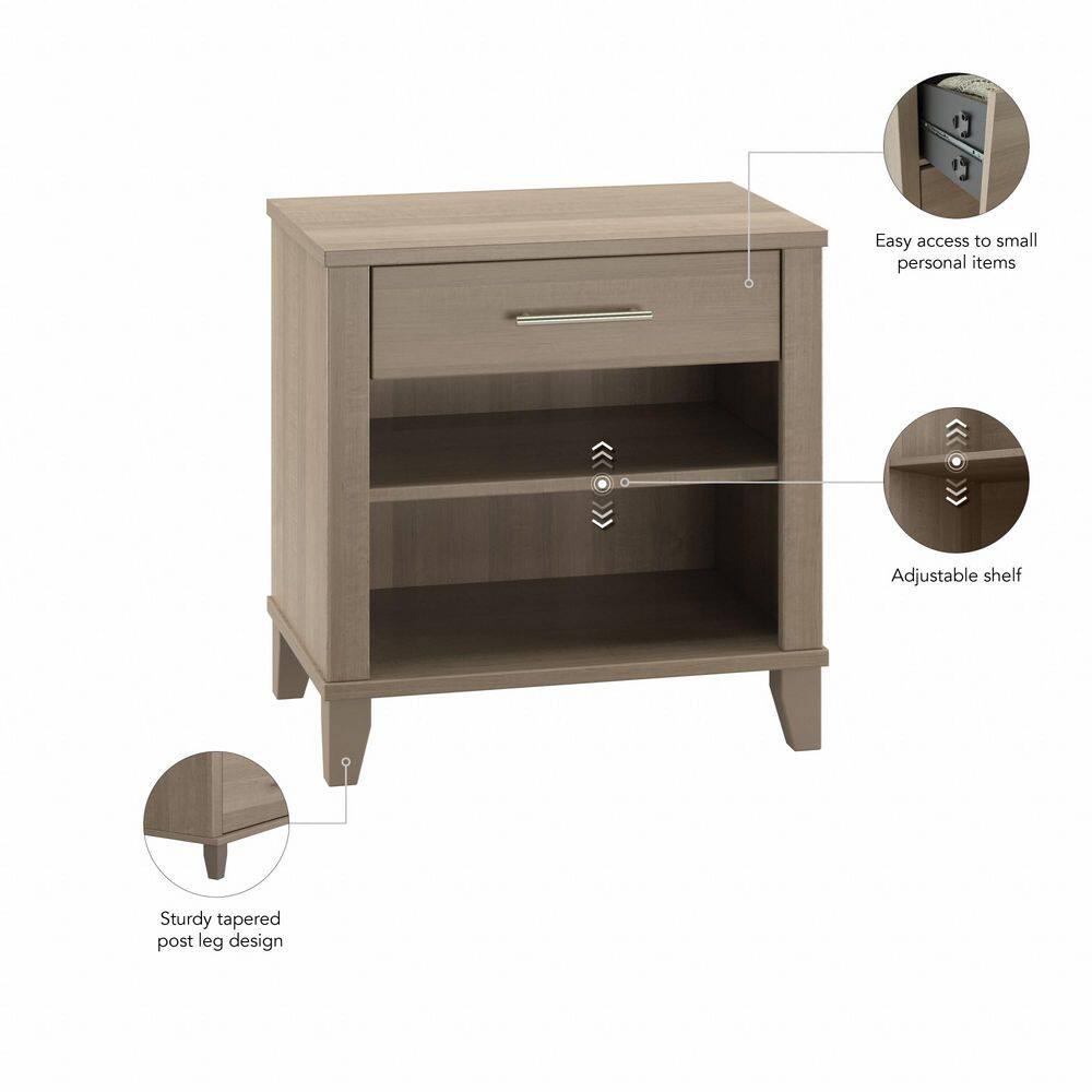 Ash Gray Transitional Engineered Wood Nightstand with Satin Nickel Hardware