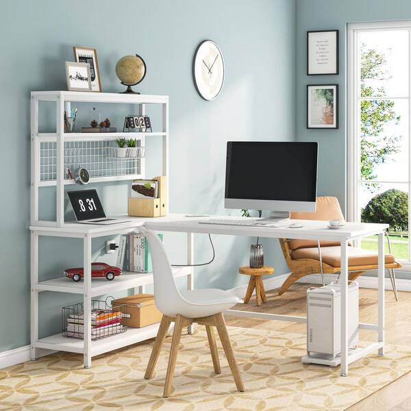BYBLIGHT Lanita 55 in. L-Shaped White Wood Computer Desk with