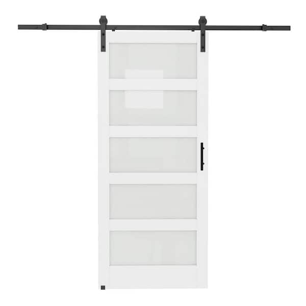 36 in. x 84 in. 5 Lite Tempered Frosted Glass White Primed MDF Wodd Sliding Barn Door with Hardware Kit