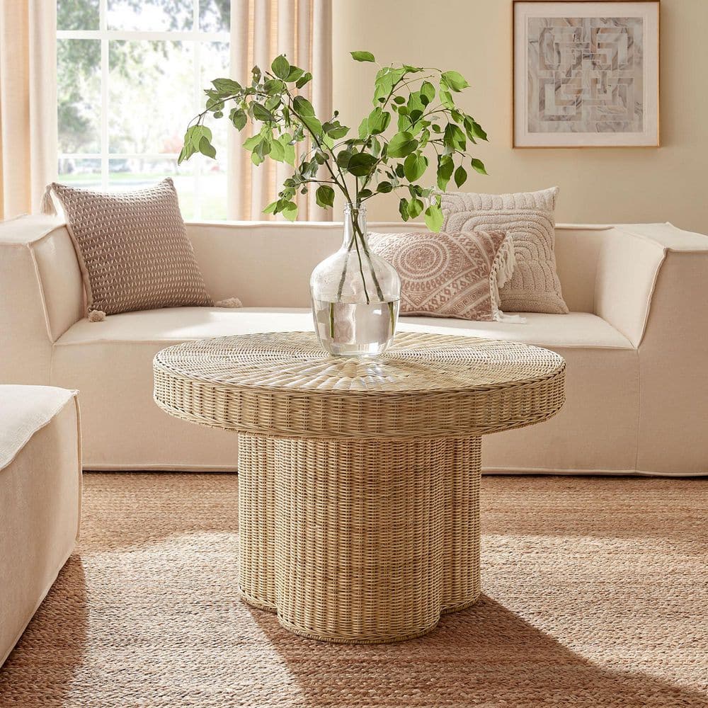 MODWAY Ainsley 32 in. Round Natural Rattan Coffee Table in Natural