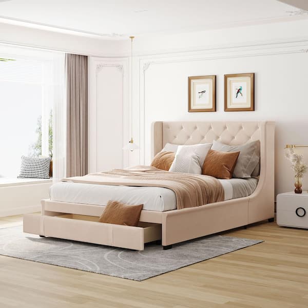 ANBAZAR 65 in. W Beige Velvet Upholstered Wood Frame Queen Size Storage Platform Bed with Wingback Headboard and a Big Drawer