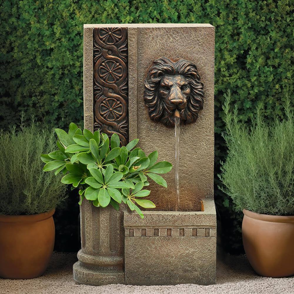 Sandstone Resin Lion Head Outdoor Water Fountain with Lights