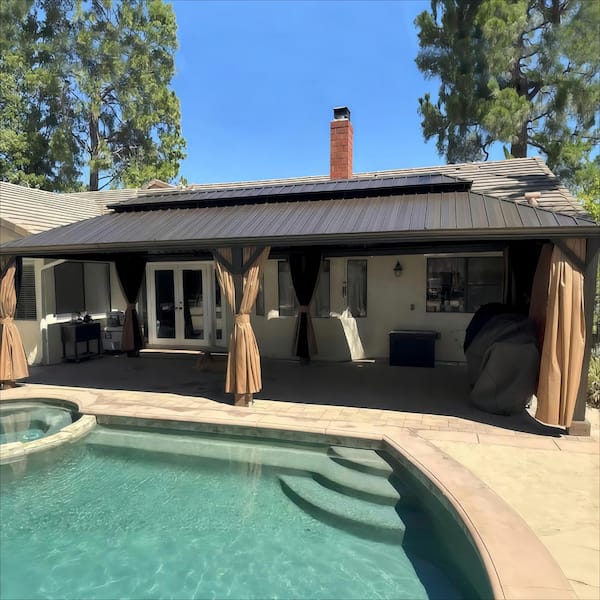 14 ft.x 24 ft.Bronze Aluminum Power-Coated Frame Galvanized Steel Double Roof Hardtop Gazebo,Hooks,Netting,Khaki Curtain