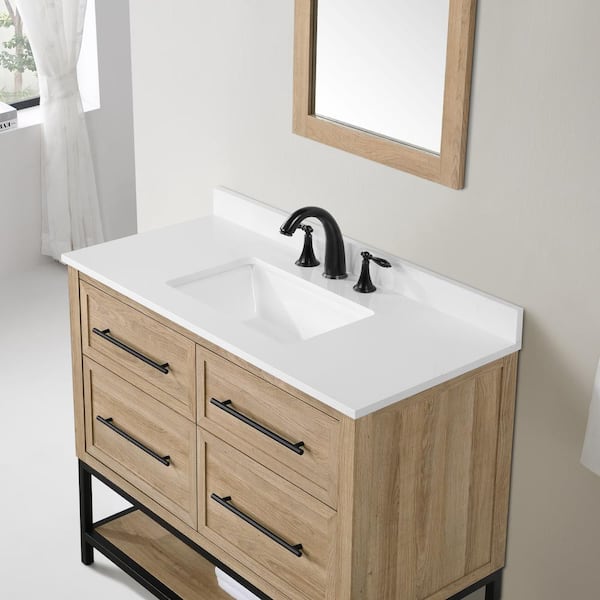 Home Decorators Collection Corley 42 in. W x 19 in. D x 34.50 in. H Bath Vanity in Weathered Tan with White Engineered Stone Top