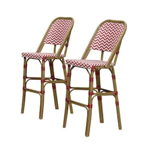 French Bar Height Bamboo Print Finish Aluminum with Hand-Woven Rattan Outdoor Bar Stool, Red (2-Pack)
