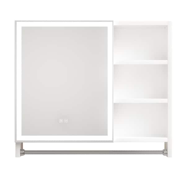 FUNKOL 32 in. W x 28 in. H Wall Mounted Rectangular Aluminum Medicine Cabinet with Mirror LED Light Towel Rack