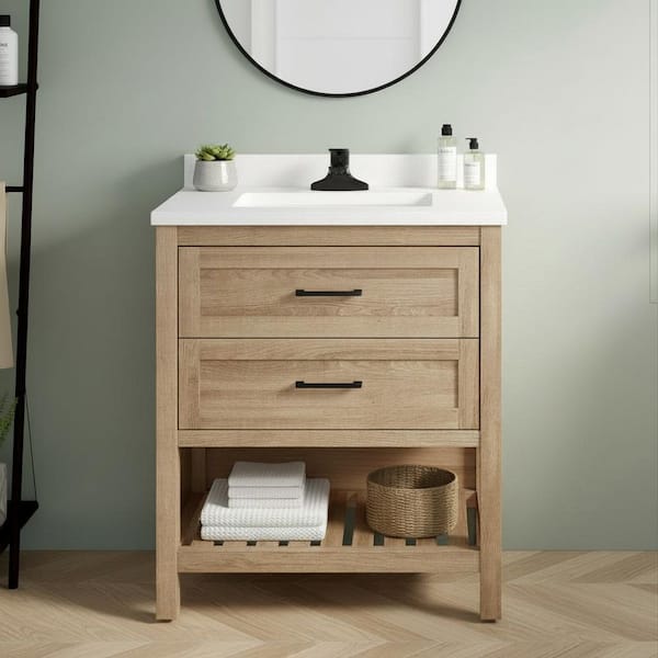 Autumn 30 in. Single Sink Weathered Tan Bath Vanity with White Engineered Stone Top (Assembled)