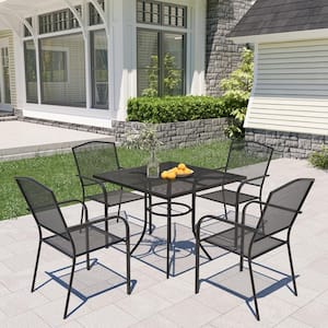 5-Piece Black Steel Mesh Dining Chair Square Table 29.5 in. Height Outdoor Dining Set with Umbrella Hole