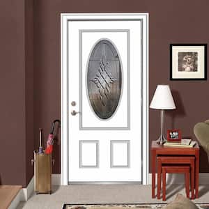 36 in. x 80 in. Grace Left-Hand Inswing Oval-Lite Decorative 2-Panel Primed Steel Prehung Front Door on 6-9/16 in. Frame