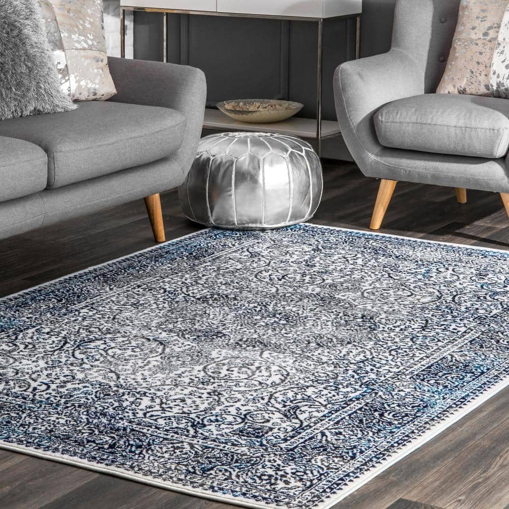 Delores Blue and White Rectangular Oriental Area Rug