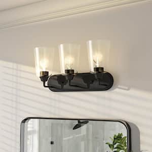 Zane 19 in. 3-Light Matte Black Industrial Bathroom Vanity Light with Clear Seedy Glass Shades