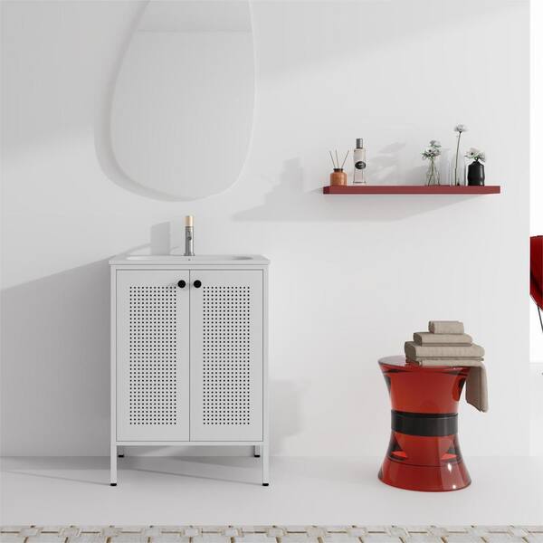 ANGELES HOME 24 in. W x 18 in. D x 33 in. H Single Sink Steel Freestanding Bath Vanity in White with White Gel Top, Moisture-Proof
