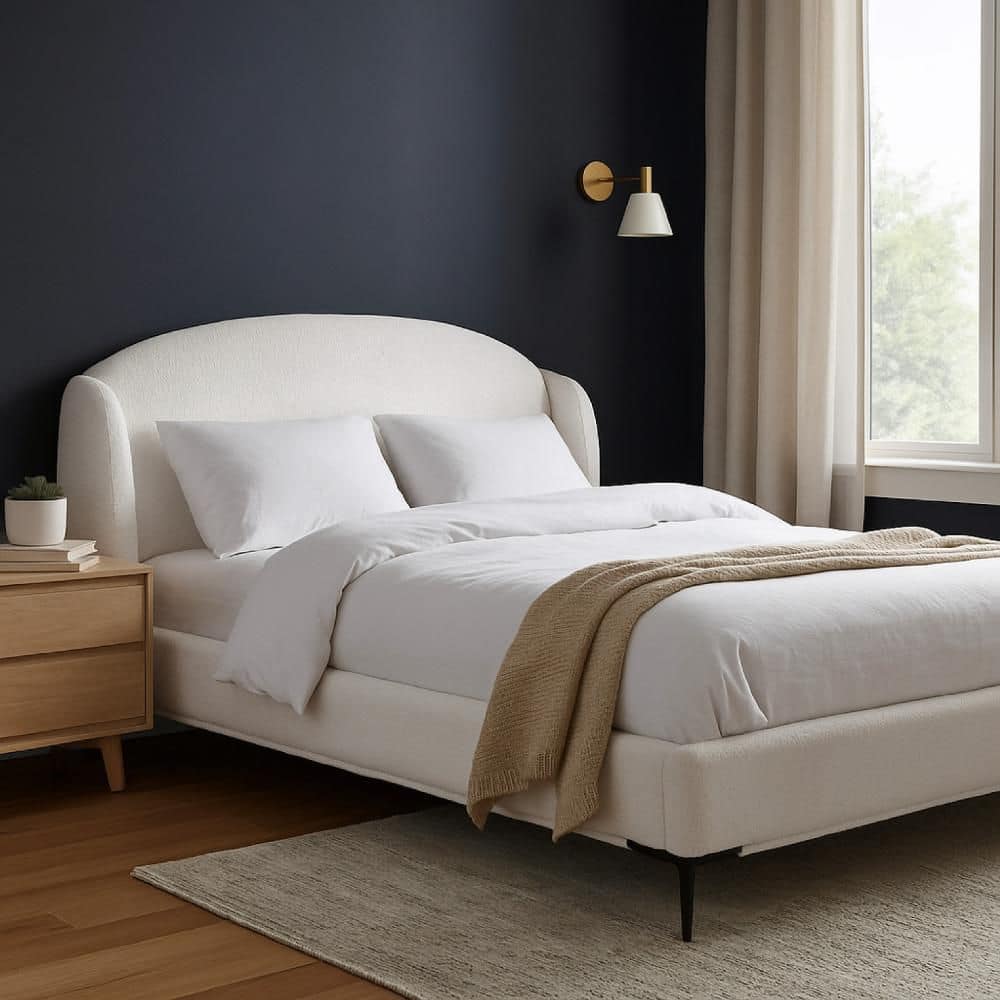 Peli Ivory and Black Wood Frame King Panel Bed with Upholstered Headboard