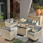 Camelia D Beige 6-Piece Wicker Patio Rectangular Fire Pit Seating Set with Dark Gray Cushions and Swivel Rocking Chairs