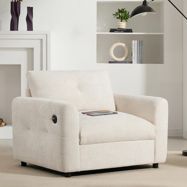 Beige Chenille Arm Chair with Wide Seat and Dual-Port Charger