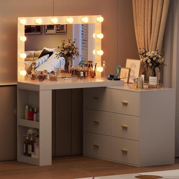 White Large Vanity Desk With 3-Lighting Modes,Power Outlet, 6-Drawers, Brightness Adjustable,One Storage Cabinet