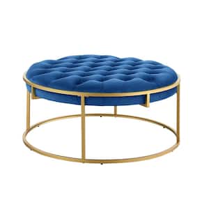 Amoria 38 in. L Navy Blue Velvet Round Ottoman in Brushed Gold