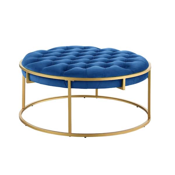 Best Master Furniture Amoria 38 in. L Navy Blue Velvet Round Ottoman in Brushed Gold
