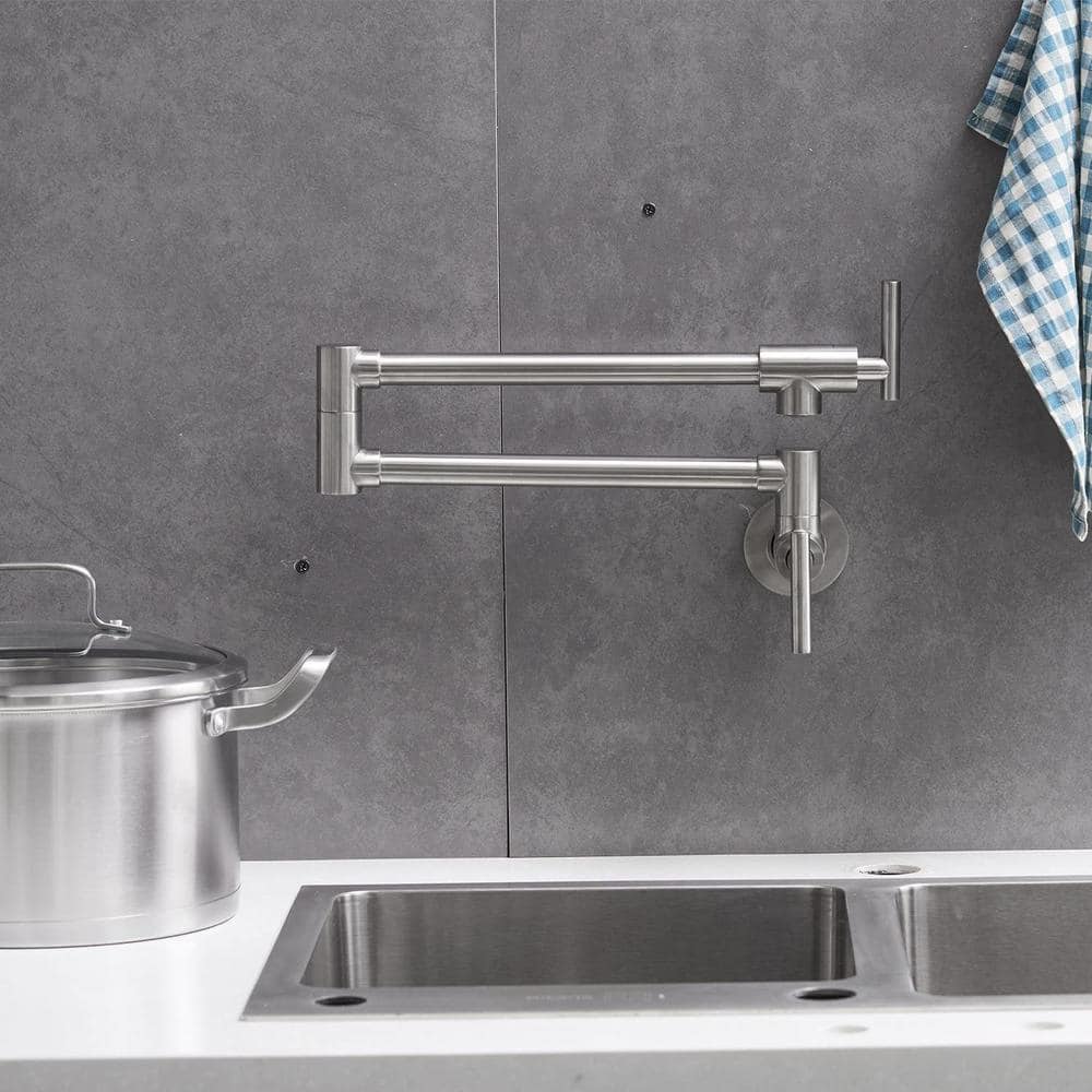 Brushed Nickel Wall-Mounted Double Handle Pot Filler Faucet