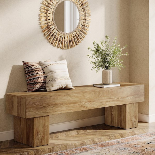 Light Brown 63 in. Long Entryway Dining Bedroom Bench, Farmhouse Wooden End of Bed Bench