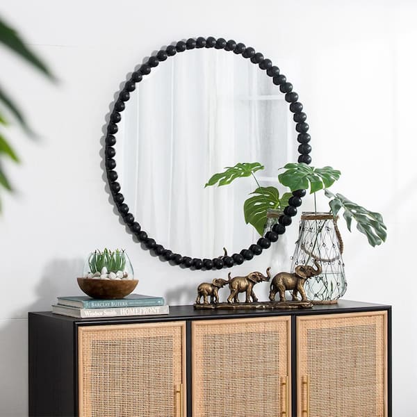Black 32 in. W x 32 in. H Art Deco Round Metal Framed Mirror Wall Mirror Wall Decor Mirror