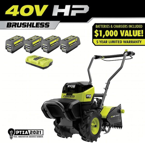 RYOBI 40V HP Brushless 18 in. Battery Powered Rear Tine Tiller with (4) 6.0 Ah Batteries and Charger
