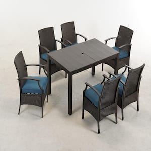 Peacock Blue 7-Piece Set Metal and Rattan Outdoor Dining Set with Blue Cushioned Chairs and Wood Grain Table