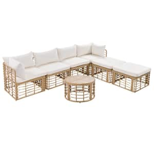 7-Piece Yellow Wicker Patio Outdoor Sectional Sofa Set with Beige Cushions and 1 Round Table