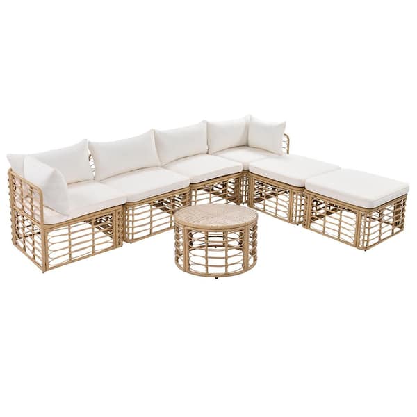 Zeus & Ruta 7-Piece Yellow Wicker Patio Outdoor Sectional Sofa Set with Beige Cushions and 1 Round Table