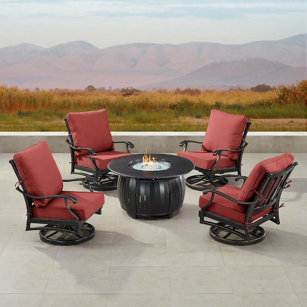 Black 5-Piece Aluminum Patio Fire Pit Set with Red Cushions