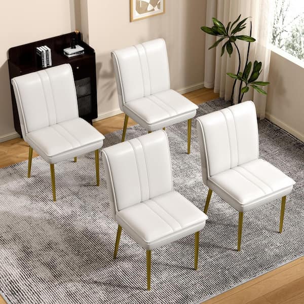 Upholstered Dining Chairs (Set of 4), Faux Leather Kitchen Chairs with Metal Legs, Modern White Dining Room Side Chairs