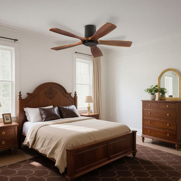 52 in. Indoor Matte Black 5 Solid Light Walnut Wood Fan Blades Flush Mount Ceiling Fan For Living Room or Bedrooms