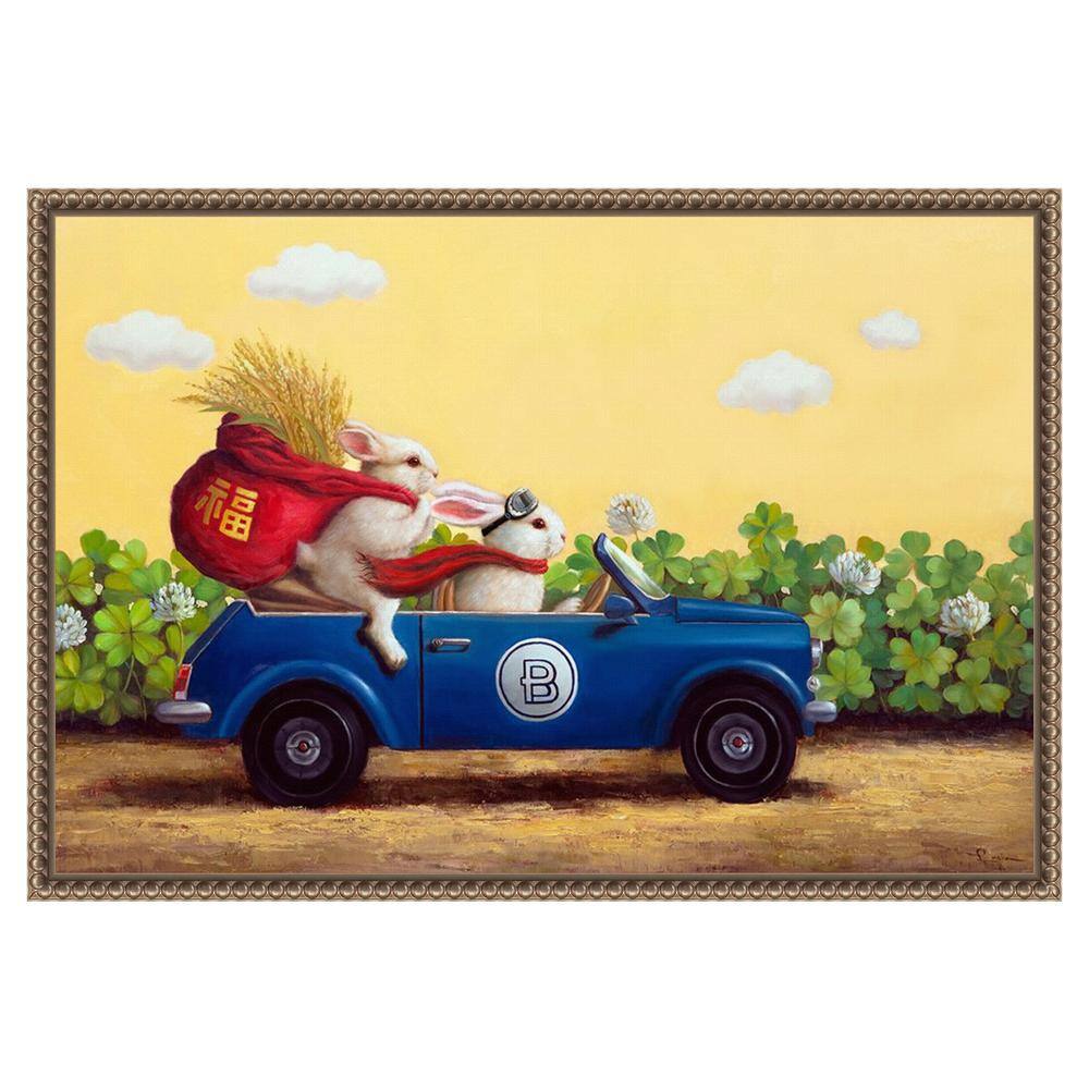 Whimsical Bunnies in Blue Car Framed Canvas Print
