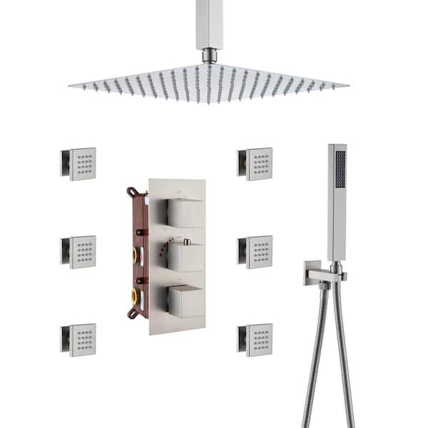 Mondawe Athens 5-Spray Patterns 12 in. Ceilling Mount Rainfall Dual Shower Heads with 6-Jet Thermostatic Valve in Brushed Nickel