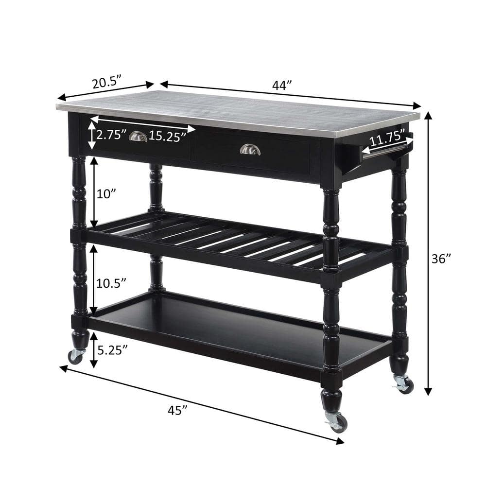 French Country Elegance Stainless Steel & Black Kitchen Cart with Wine Storage
