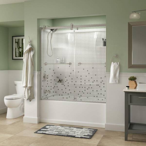 Delta Silverton 60 x 58-3/4 in. Frameless Contemporary Sliding Bathtub Door in Nickel with Mozaic Glass