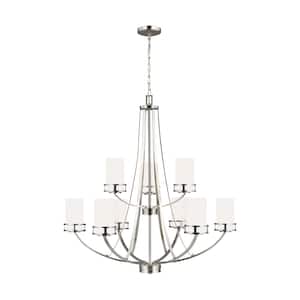 Robie 9-Light Brushed Nickel Craftsman Transitional Hanging Empire Chandelier with Etched White Inside Glass Shades