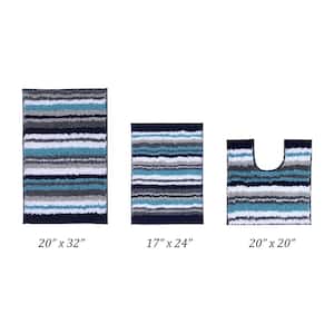 Griffie Collection 3-Piece Blue and Grey 100% Polyester 17 in. x 24 in., 20 in. x 20 in., 20 in. x 32 in. Bath Rug Set