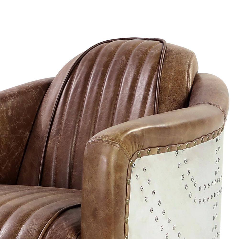 Retro Brown Top Grain Leather and Aluminum Accent Chair