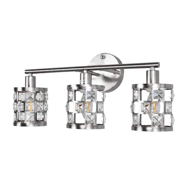 YANSUN 19.88 in. 3-Light Brushed Nickel Modern Industrial Bathroom Vanity Light Over Mirror with Crystal Shade